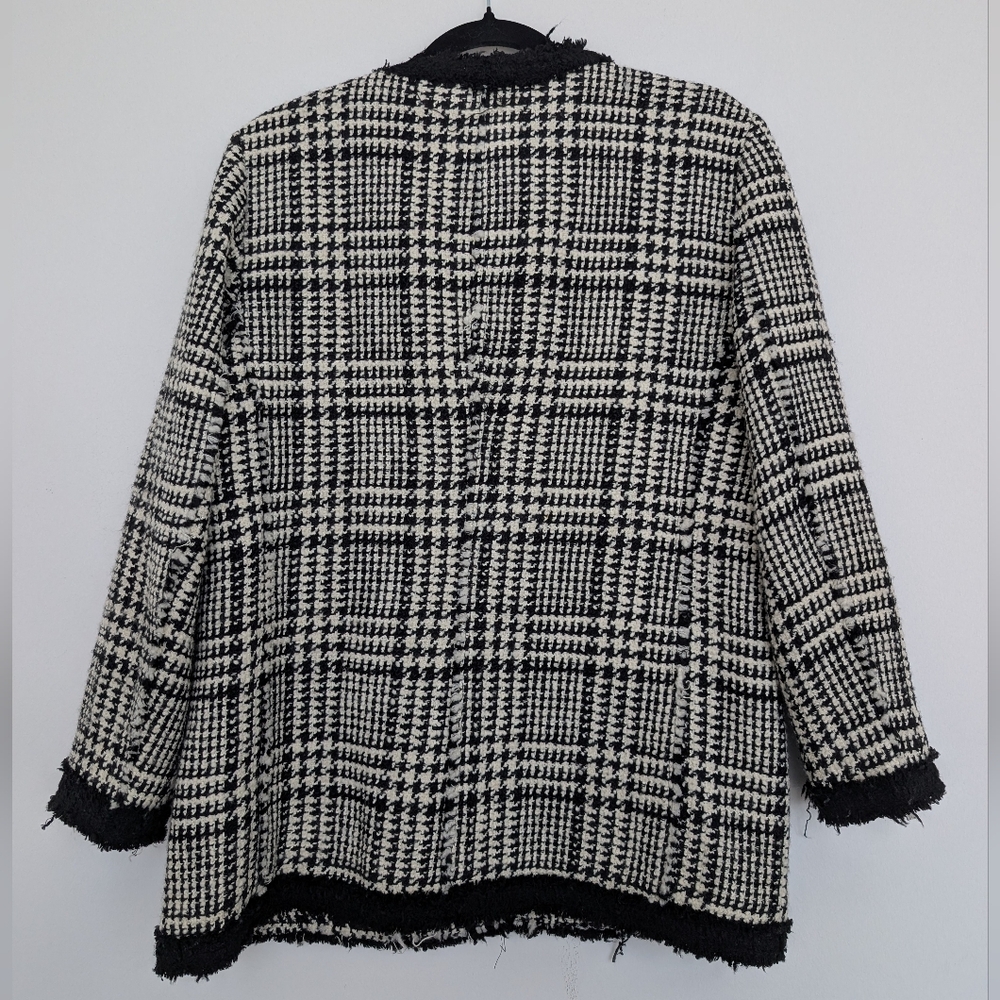 Zara Wool Blend Long Tweed Plaid Houndstooth Lady Jacket Blazer Sz XL Elegant - Picture 10 of 16